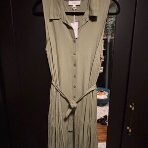 Lucky Brand Olive Green Sleeveless Button-Front Midi Dress with Tie Waist